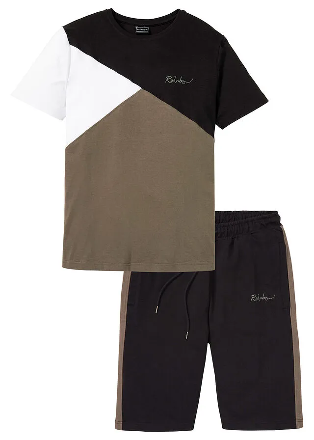 Camiseta y bermudas de chándal (2 piezas) Verde oliva oscuro-blanco-negro